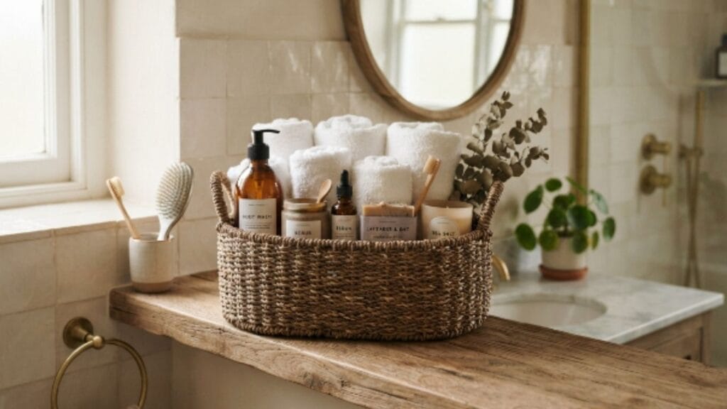 Guest bathroom ideas for smart storage with woven baskets