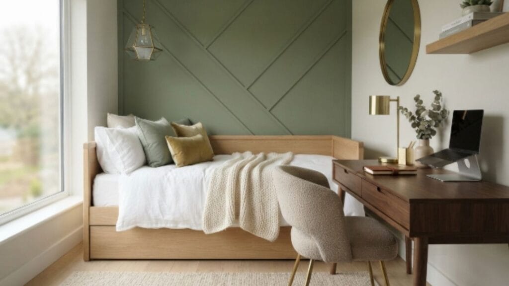 guest room office combo with sage green wall and daybed