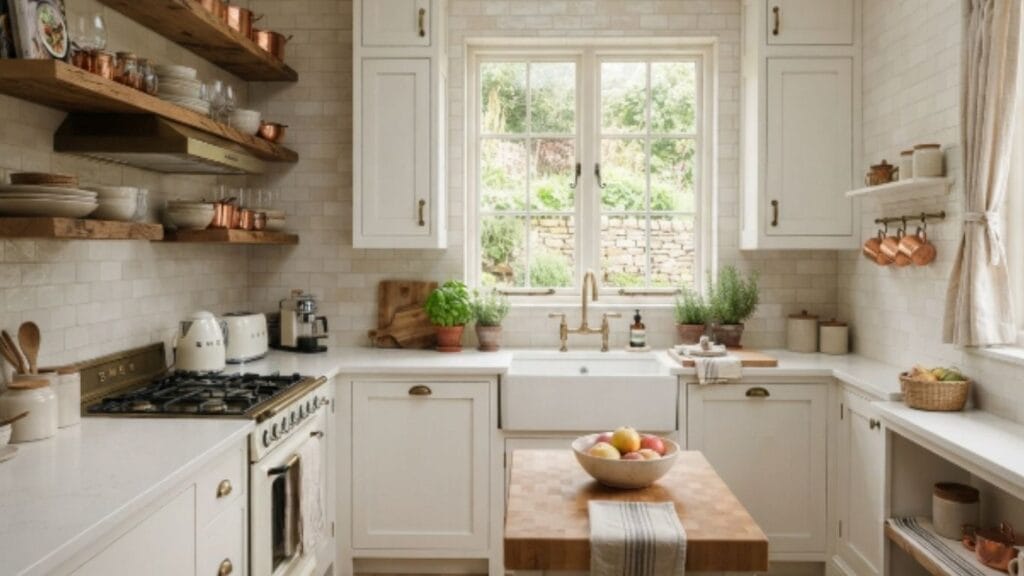 Small farmhouse kitchen backsplash idea using light subway tile