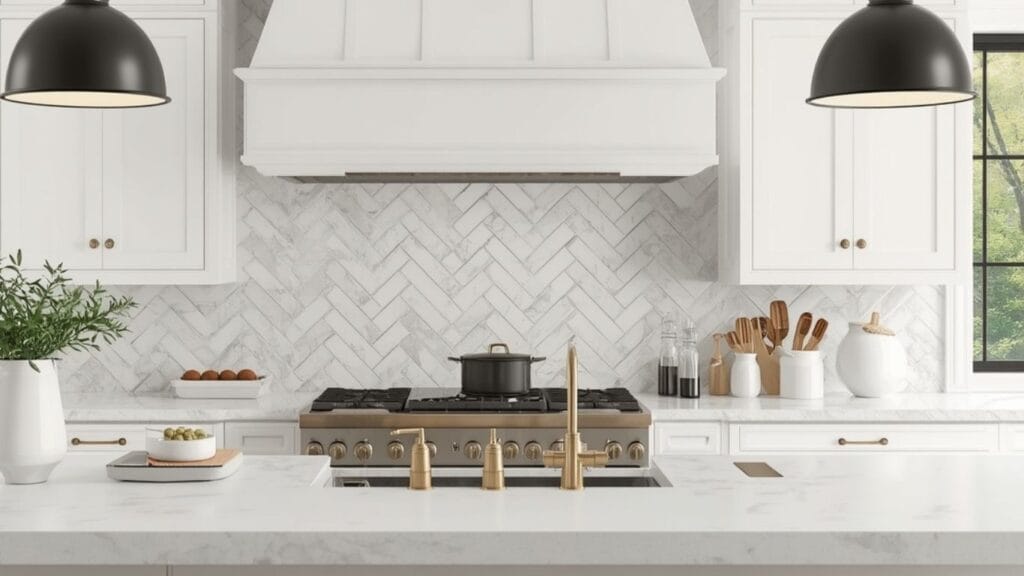 Elegant herringbone marble farmhouse kitchen backsplash with brass fixtures