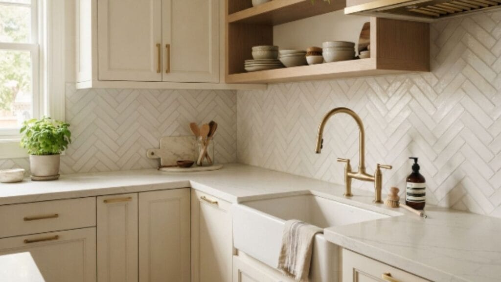 herringbone backsplash corner sink kitchen decor ideas