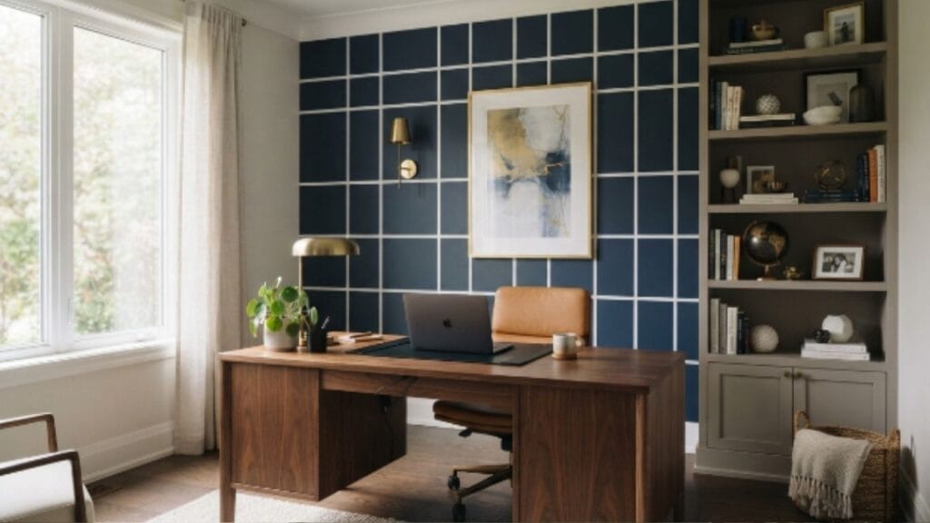 geometric accent wall ideas with minimalist grid pattern in home office