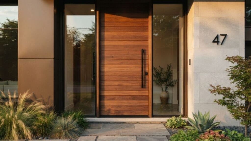 Modern wooden door design for main entrance with horizontal slats