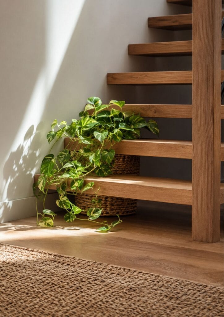 Golden pothos trailing from an open riser staircase step
