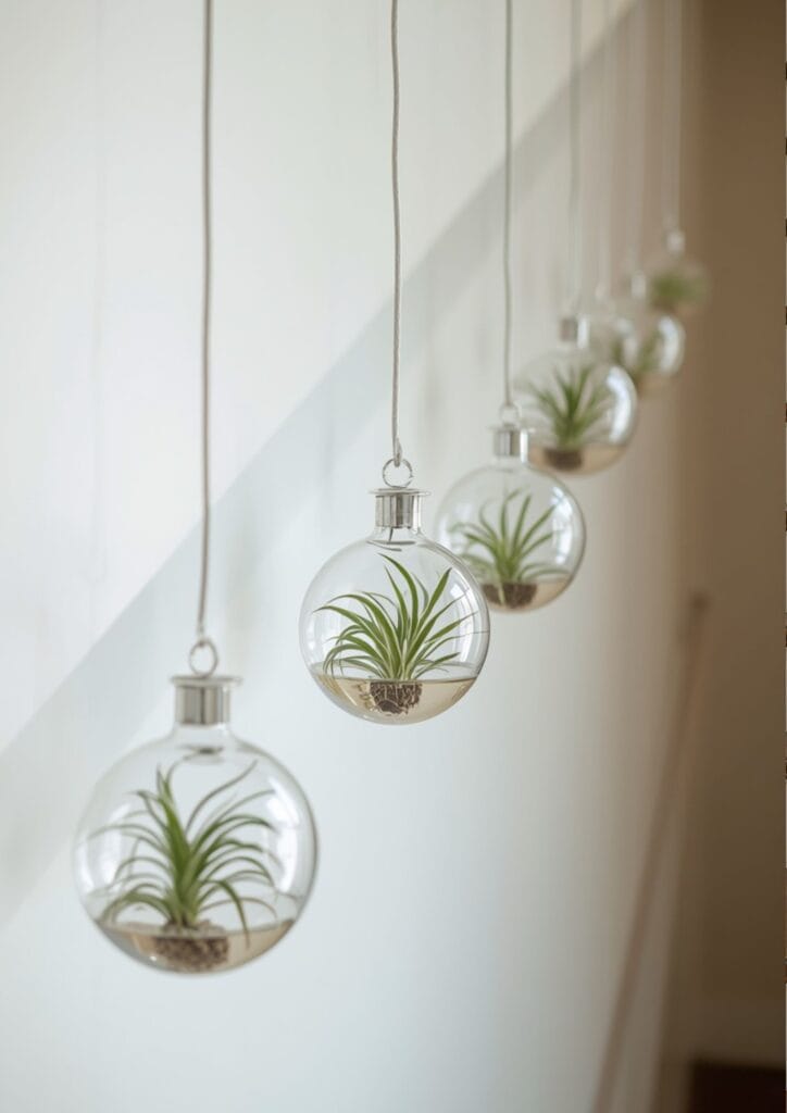 Glass globes with air plants hanging along a stairwell