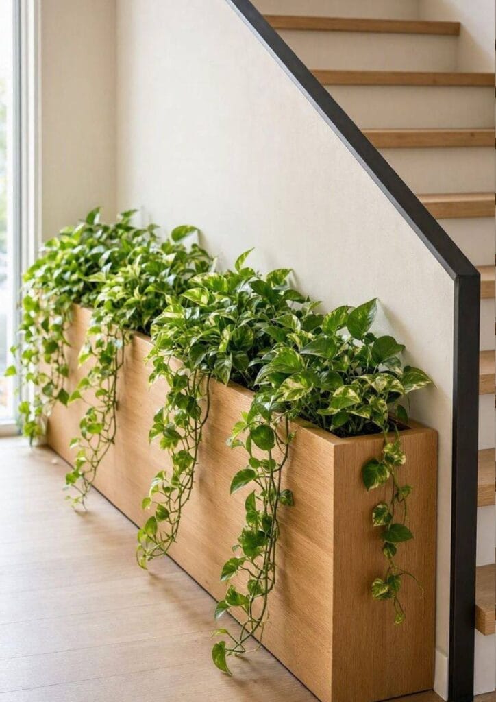 Built-in planter box with pothos under a staircase handrail