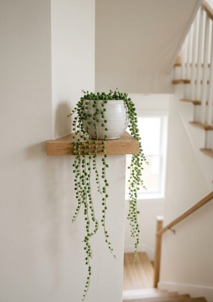 String of pearls plant spilling down a stairwell wall shelf