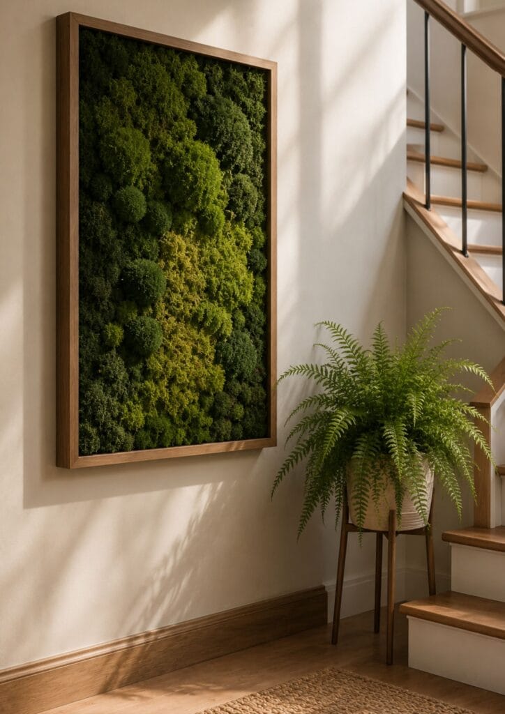Preserved moss wall panel mounted beside a staircase