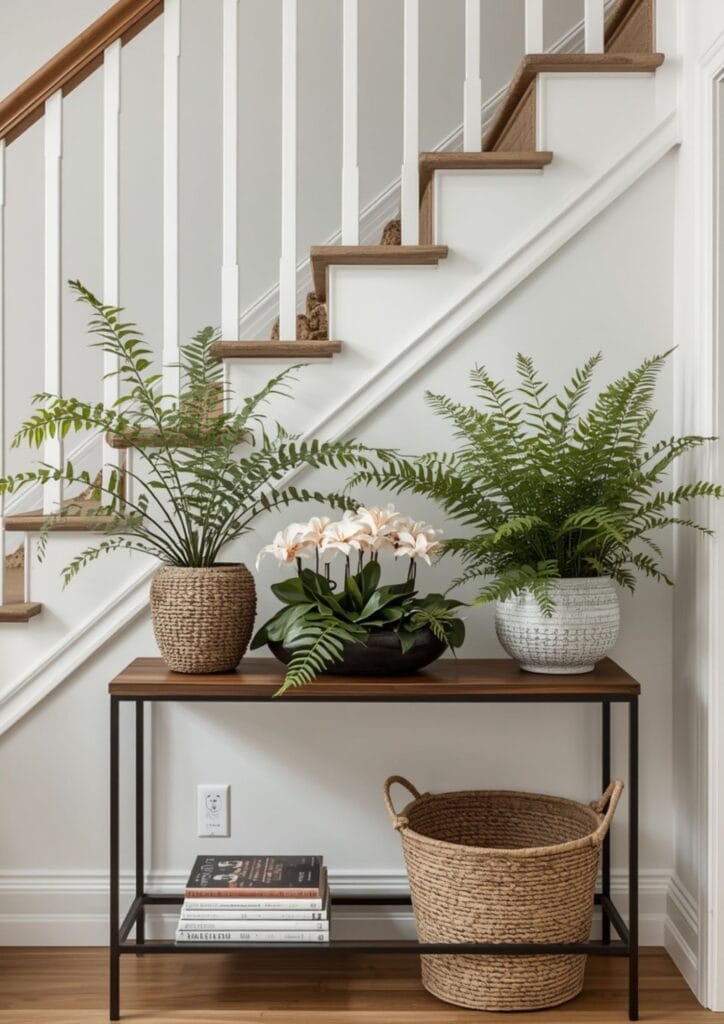 Console table with seasonal flowers at the base of a staircase
