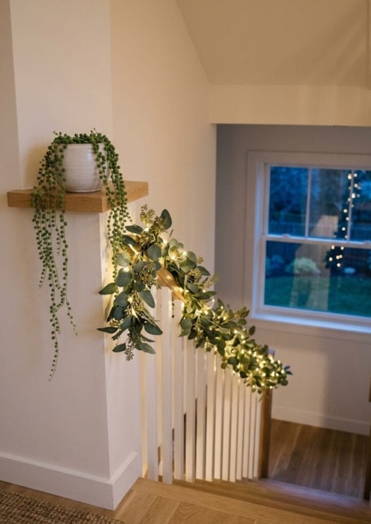 Fairy lights woven through eucalyptus garland on a staircase rail