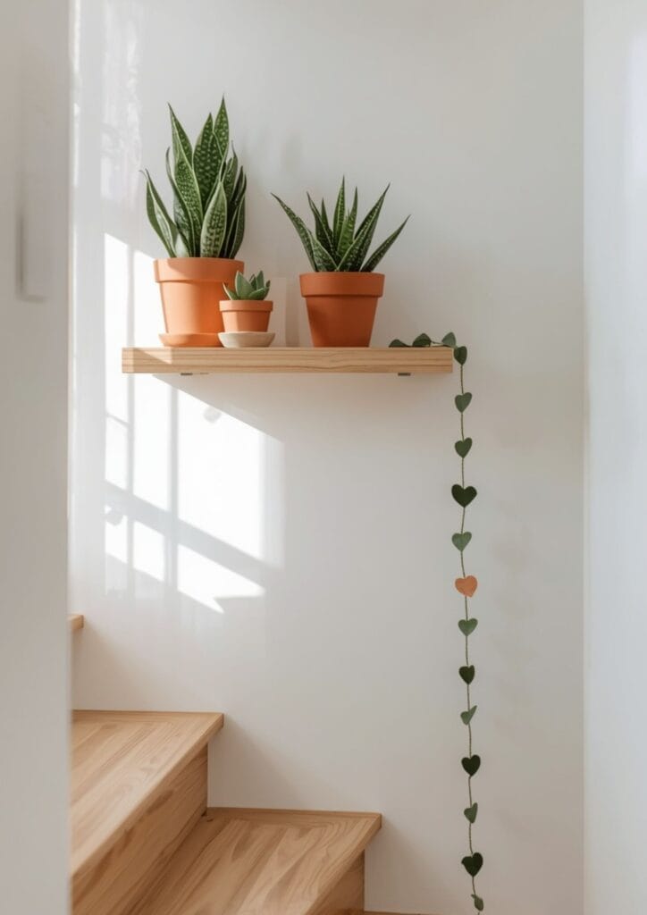 Terracotta pots on a floating shelf beside a staircase