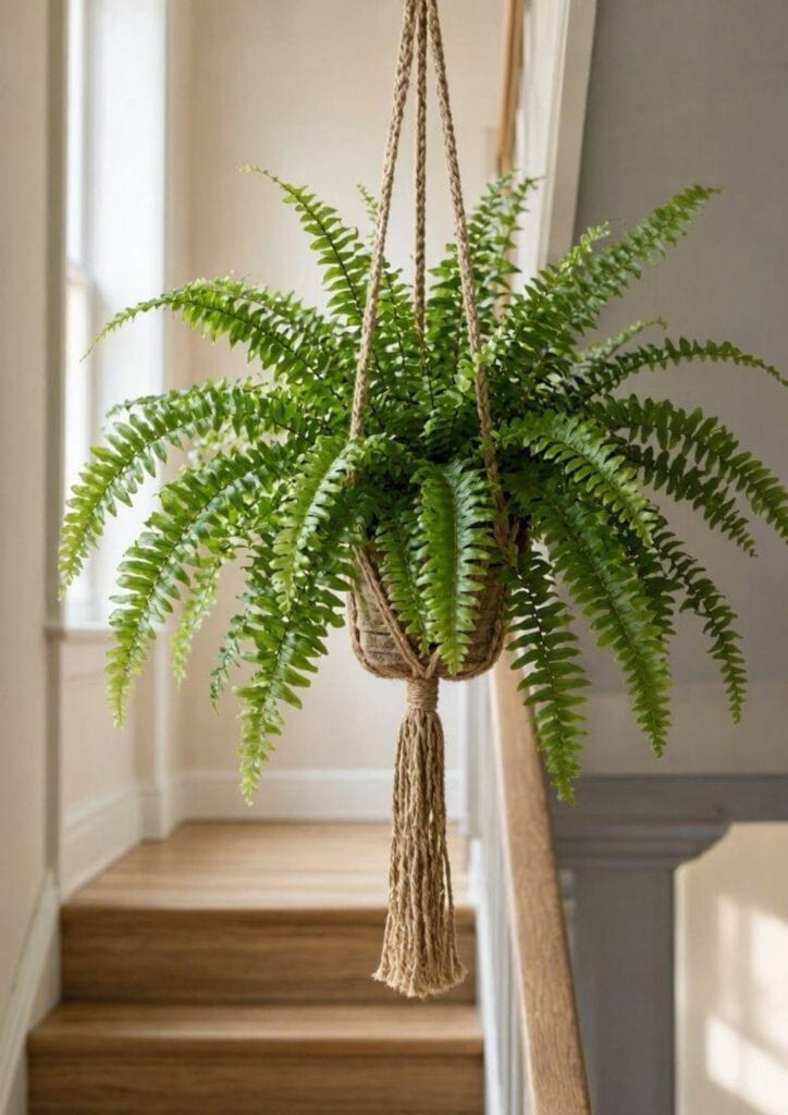 Boston fern hanging in a macrame holder in a stairwell