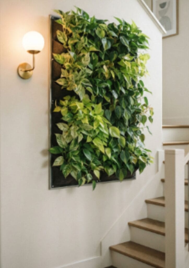 Green living wall panel installed on a staircase landing