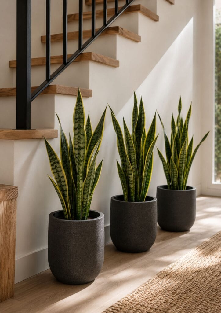 Snake plants in charcoal pots at the bottom of a staircase