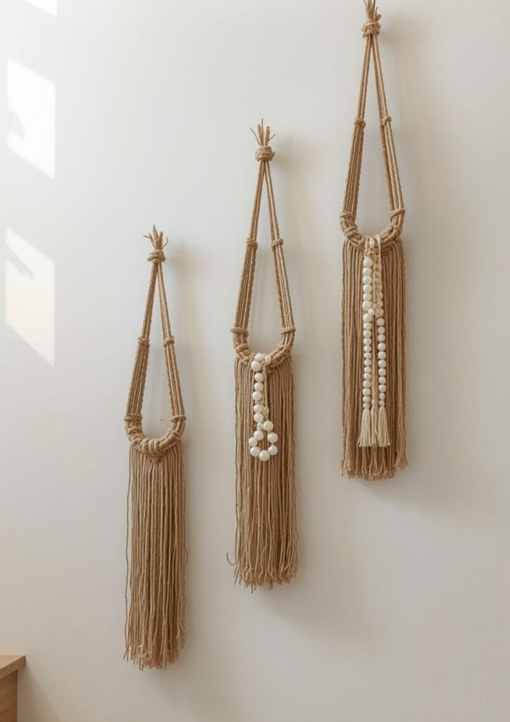 Macrame hangers with trailing plants along a stairwell wall