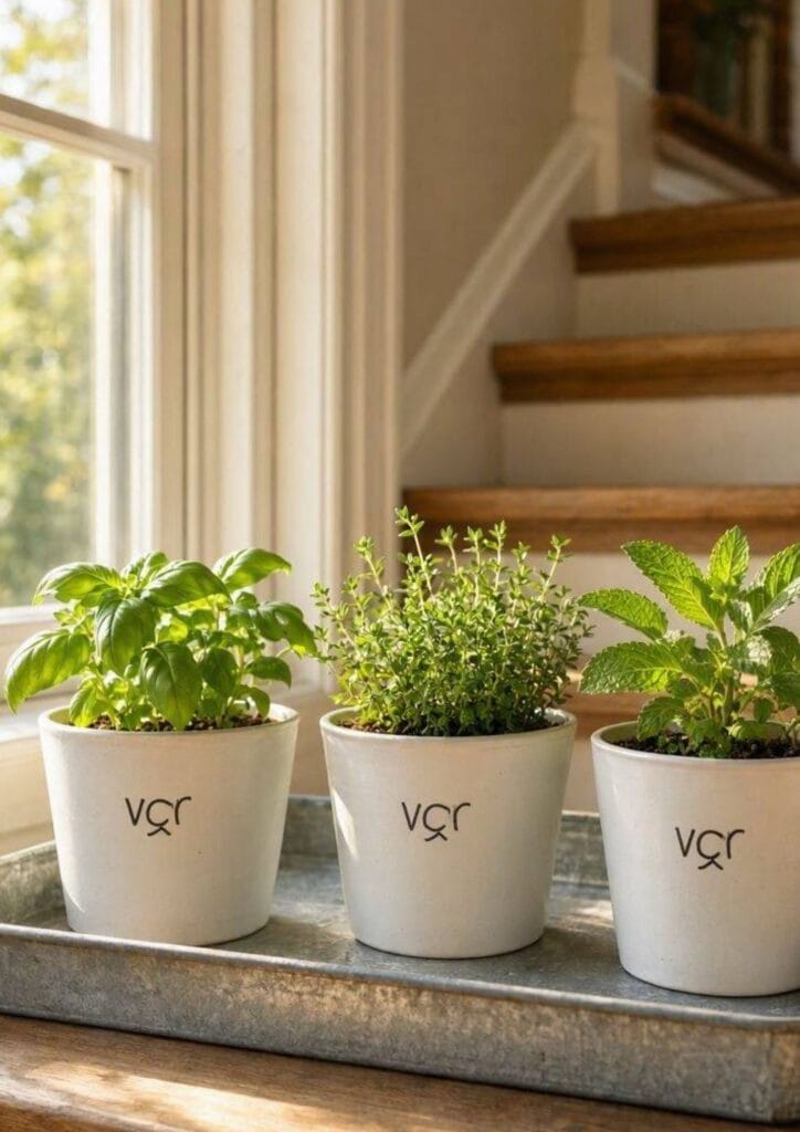 Potted herbs on a metal tray beside a staircase window