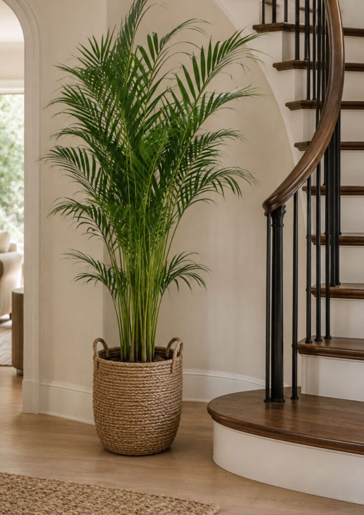 Parlor palm in a woven basket at the base of a staircase