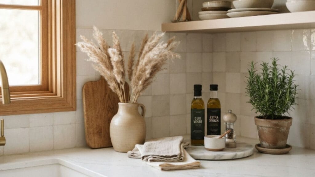Styled kitchen counter decor ideas with neutral accessories on marble countertop