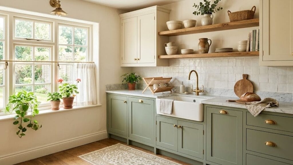 Sage green and cream two-tone kitchen cabinets