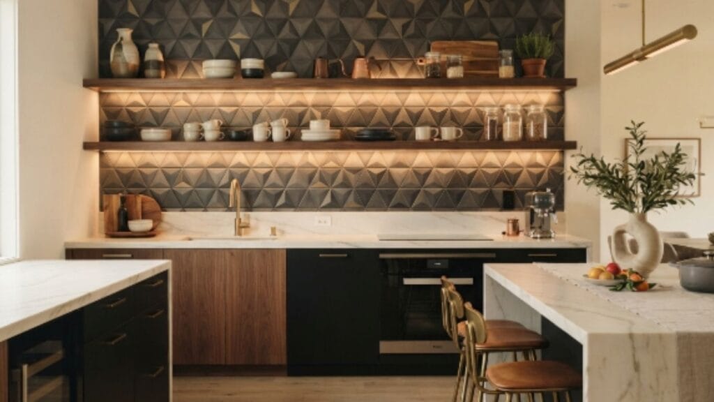 geometric accent wall ideas using triangle tile in kitchen backsplash