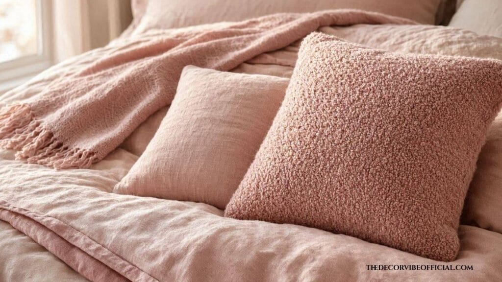 layered dusty rose bedding and throw pillows