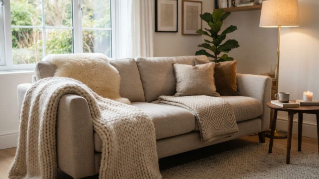 layered textiles for cozy hygge christmas living room ideas