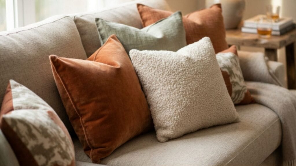 Layered throw pillows as a budget living room DIY idea