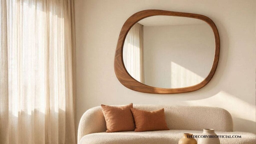 blob mirror decor ideas above a curved sofa in a modern living room