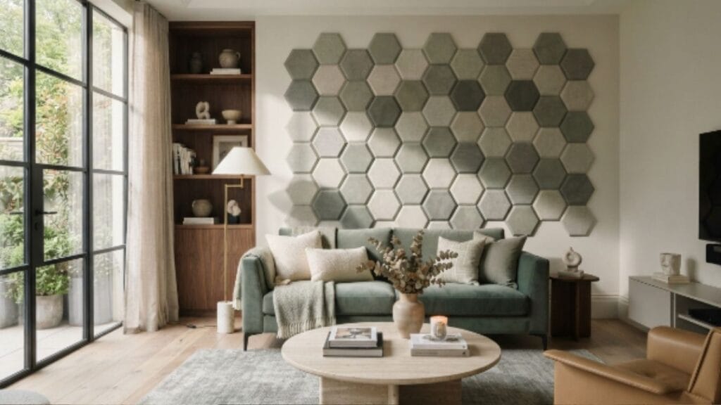 geometric accent wall ideas with honeycomb hexagon pattern in living room