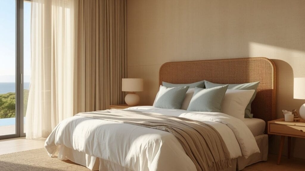 Luxury coastal bedroom ideas with rattan headboard and linen bedding
