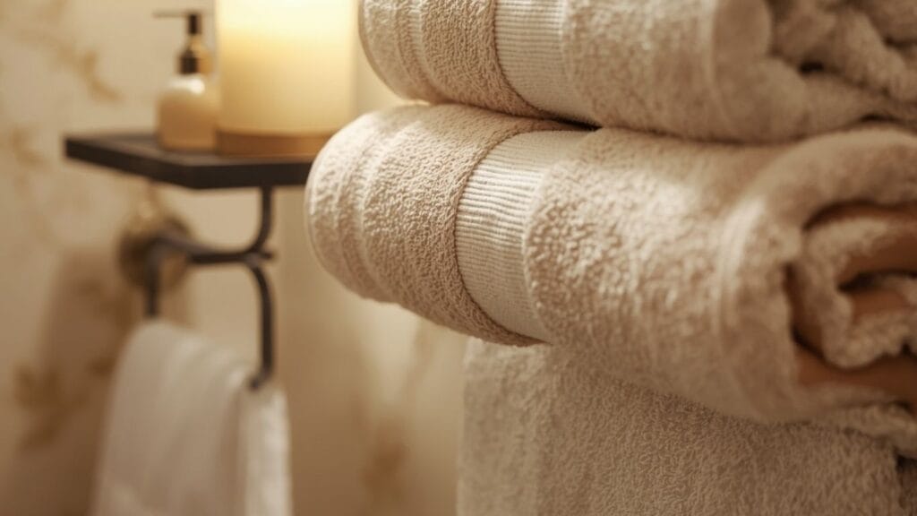 Luxury guest bathroom ideas with layered towels and candle tray