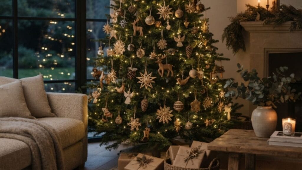 single material christmas tree in cozy hygge living room