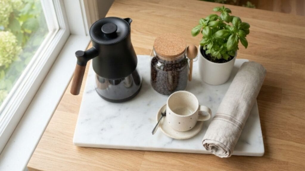 Styled coffee station with French press, coffee beans, mug, and herb plant on light wood kitchen counter