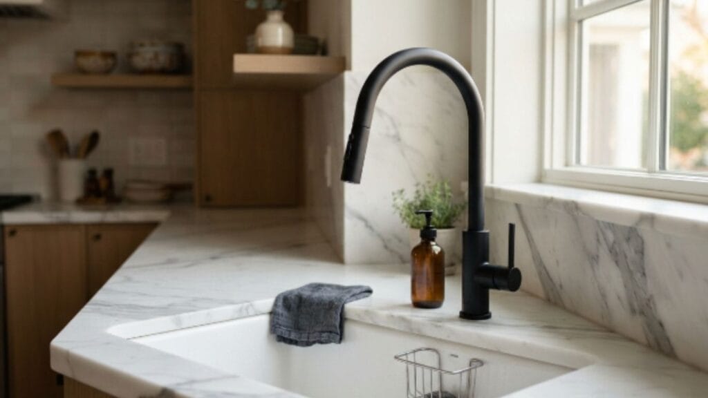modern faucet as part of corner sink kitchen decor ideas