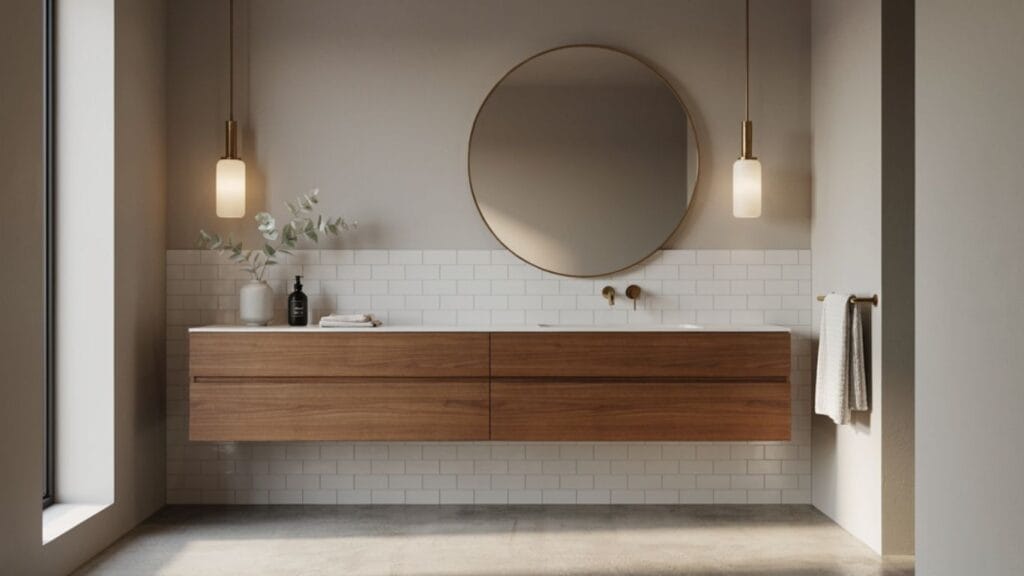 Soft gray bathroom with floating vanity, dual pendant lights, and round mirror showing modern bathroom remodel ideas for lighting and paint