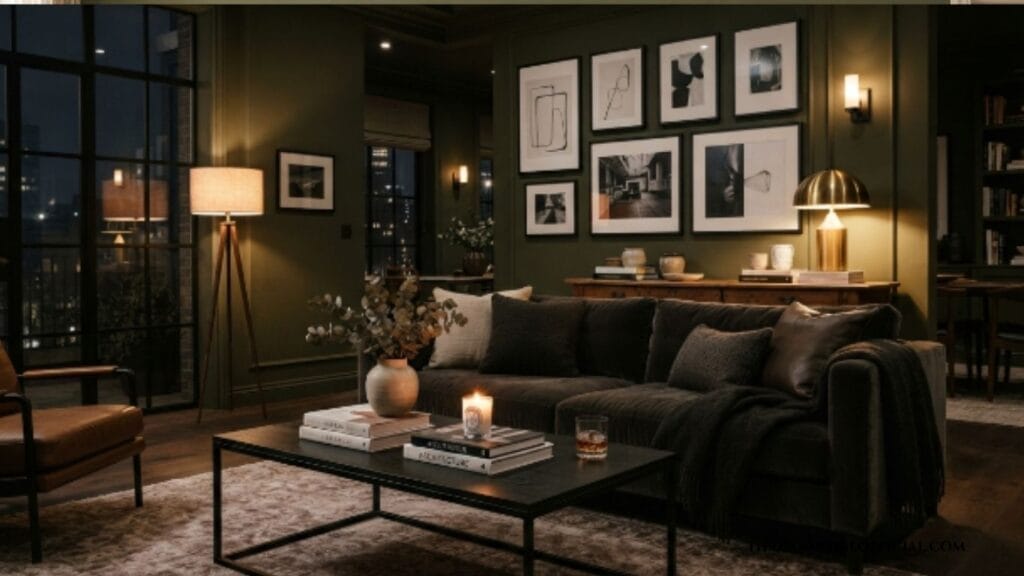 Moody olive green living room idea paired with black accents
