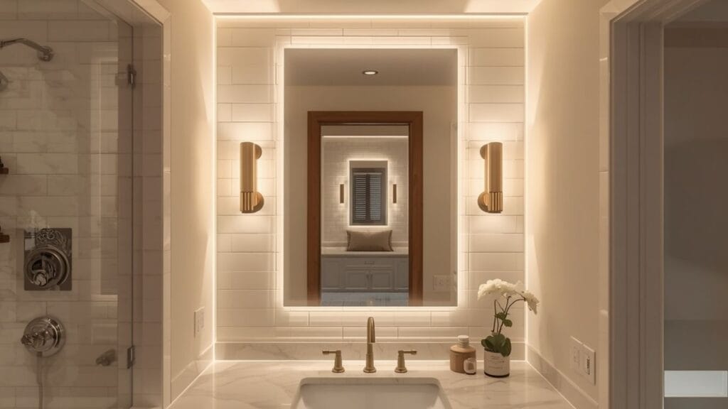Bathroom with ambient, task, and accent lighting layers demonstrating bathroom remodel ideas for spa-like ambiance