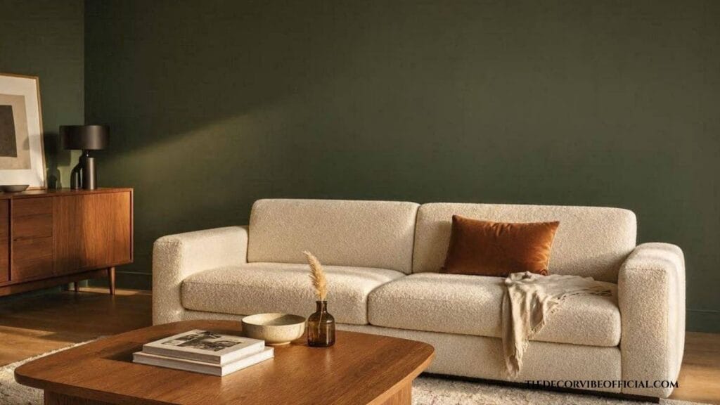 Olive green living room ideas featuring a deep olive accent wall behind a cream sofa