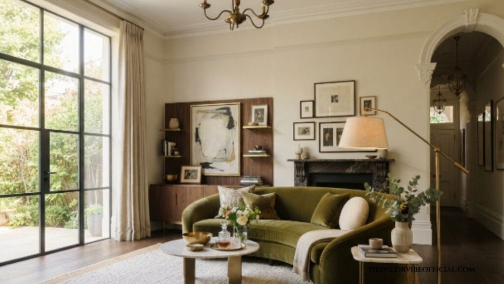 Curved olive green sofa as a statement piece in a modern living room