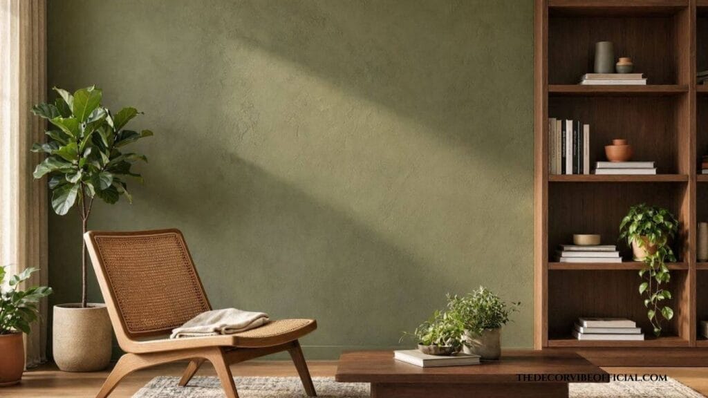 Olive green living room idea combining olive walls with warm wood tones