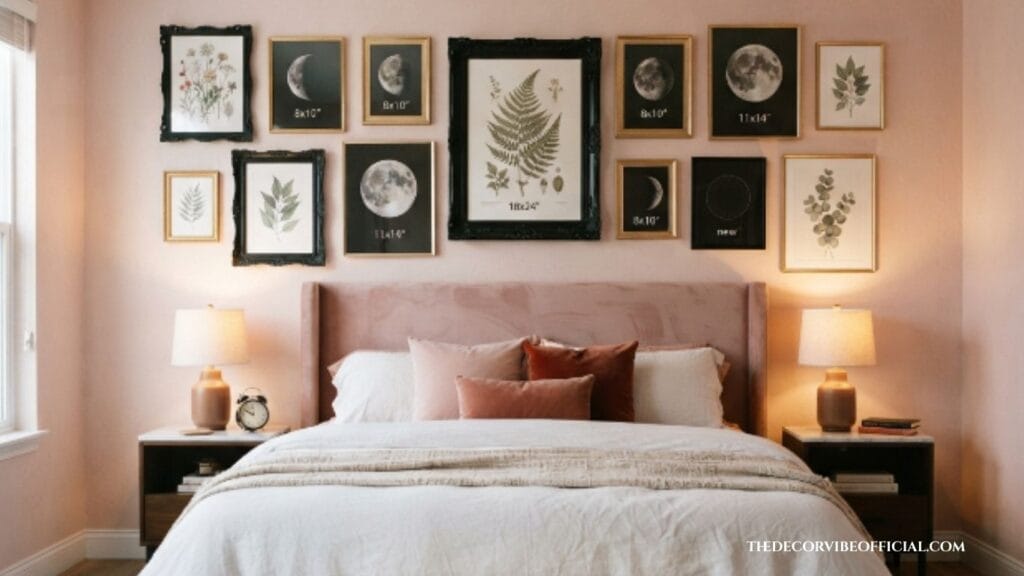 gallery wall pastel goth bedroom ideas
