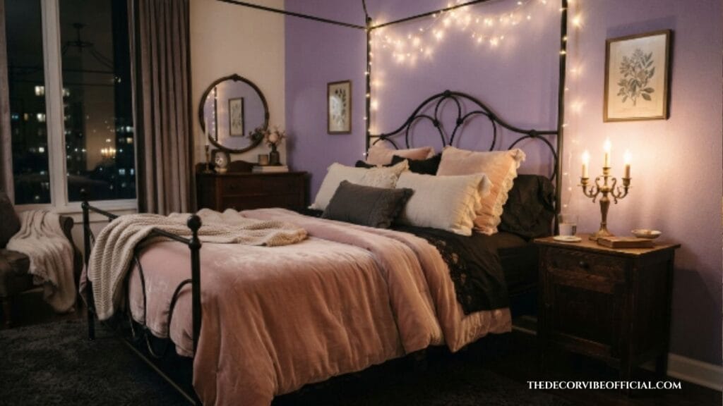 pastel goth bedroom ideas with lavender wall and black iron bed frame