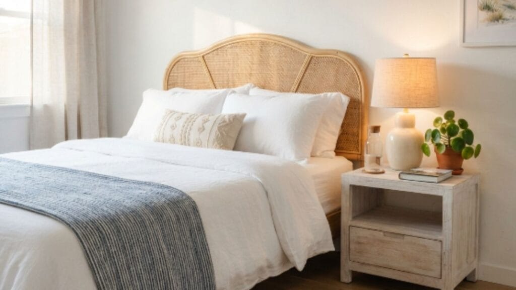 Rattan headboard idea for a coastal bedroom