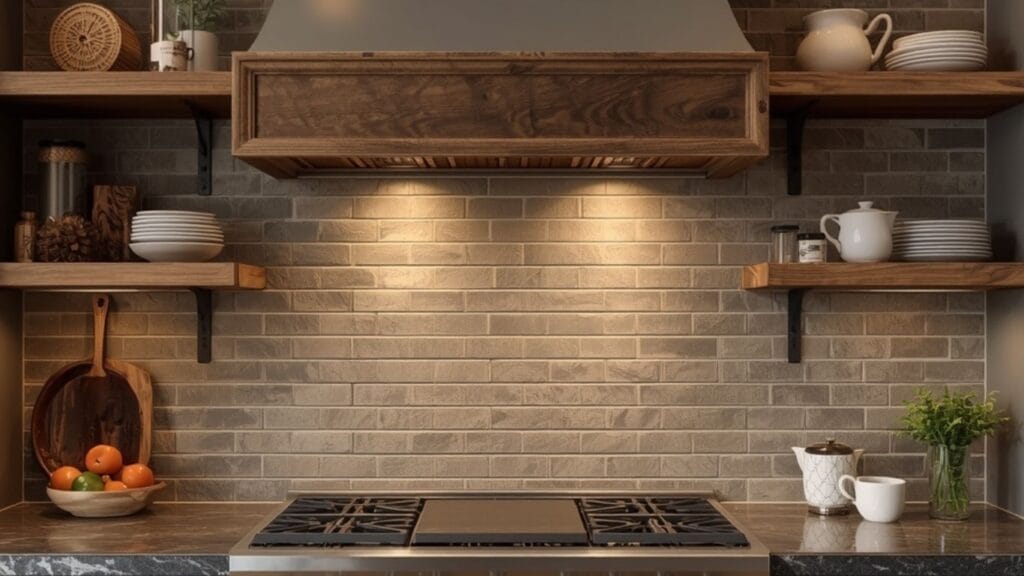 Rustic thin brick farmhouse kitchen backsplash behind a stove
