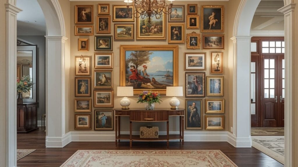 luxury salon style gallery wall entryway ideas