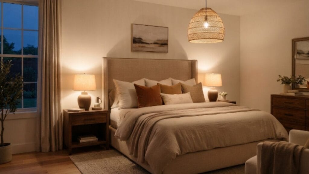 Shoji White bedroom walls paired with warm terracotta and camel textiles