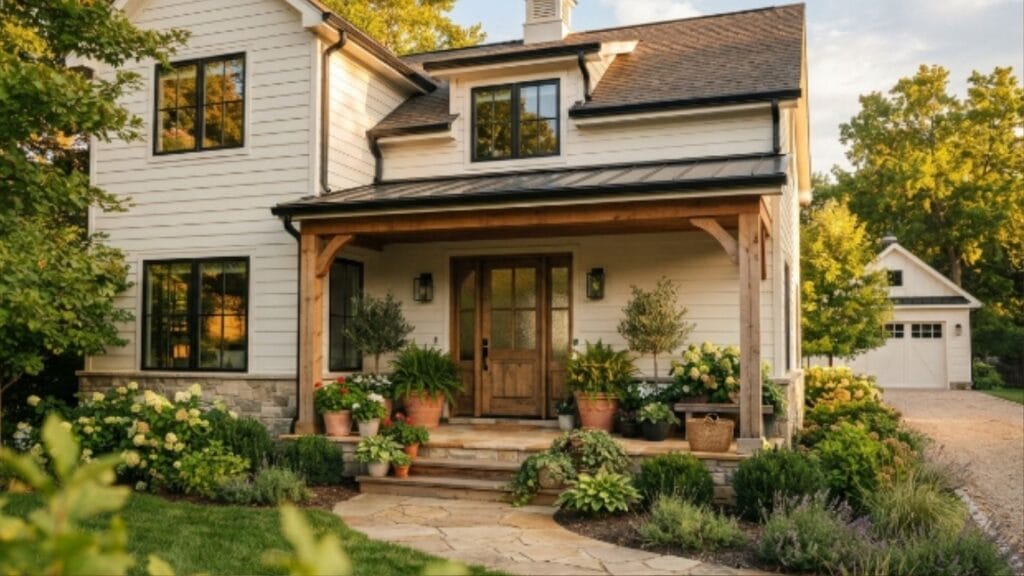 Shoji White exterior siding on a farmhouse-style home with black window frames