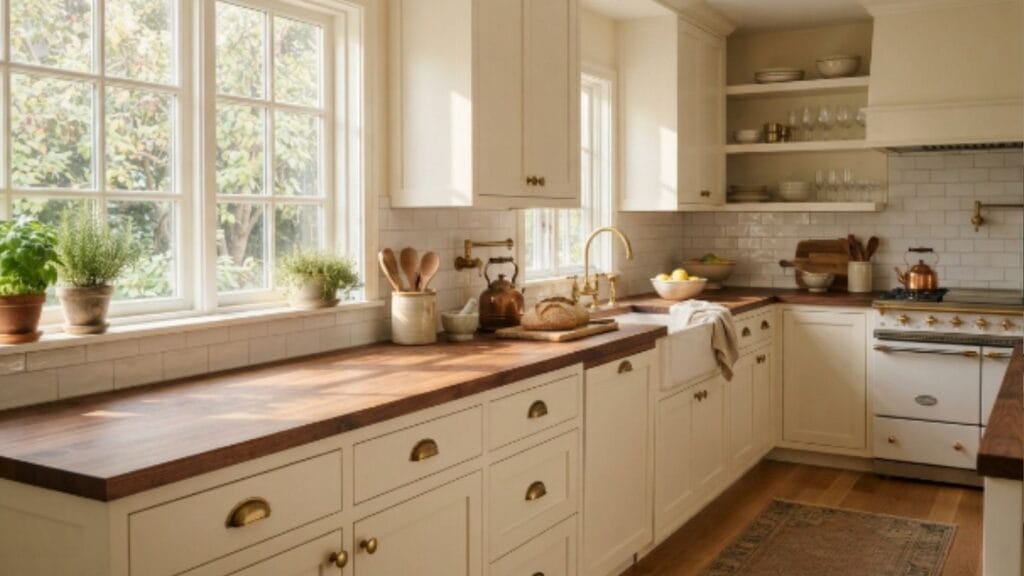 Shoji White kitchen cabinets paired with brass hardware and butcher block counters