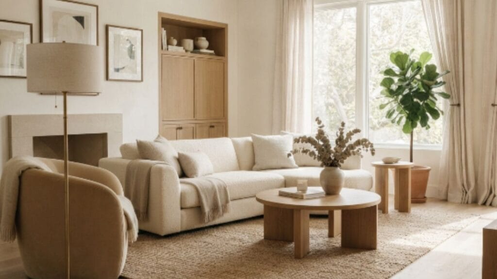 Shoji White paint color on living room walls with warm wood and brass accents