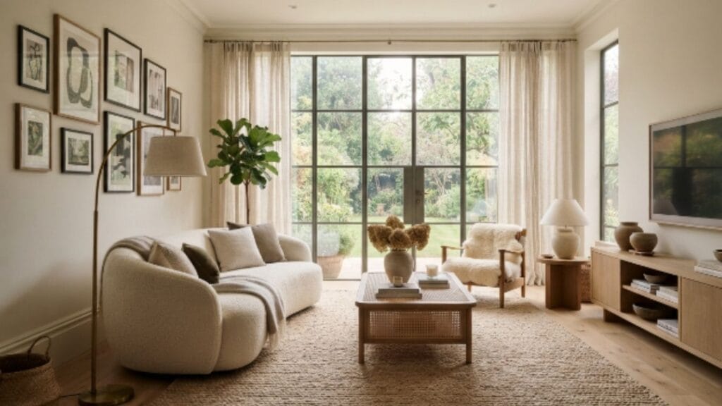 Shoji White painted living room with natural light and warm wood accents